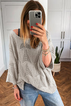 Navy blue hollow out knit casual sweater with 7/8 sleeves from Dear-Lover, made of lightweight acrylic fabric.