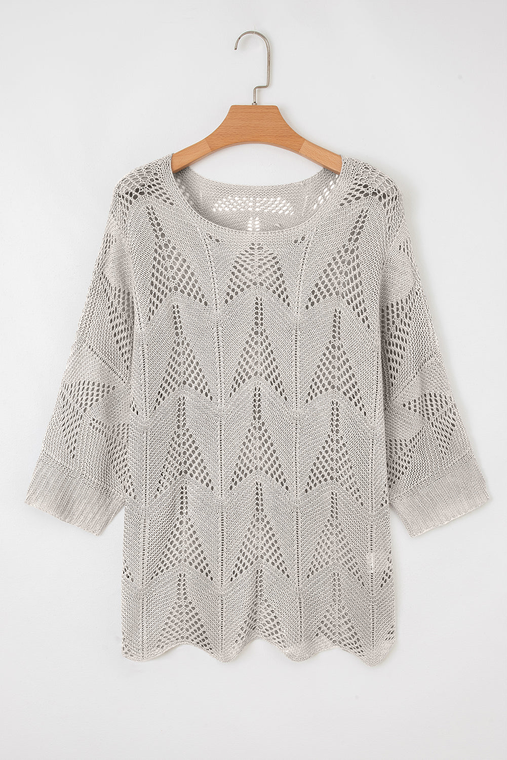 Navy blue Dear-Lover hollow out knit 7/8 sleeve casual sweater, made from lightweight acrylic, featuring a stylish open-knit design.