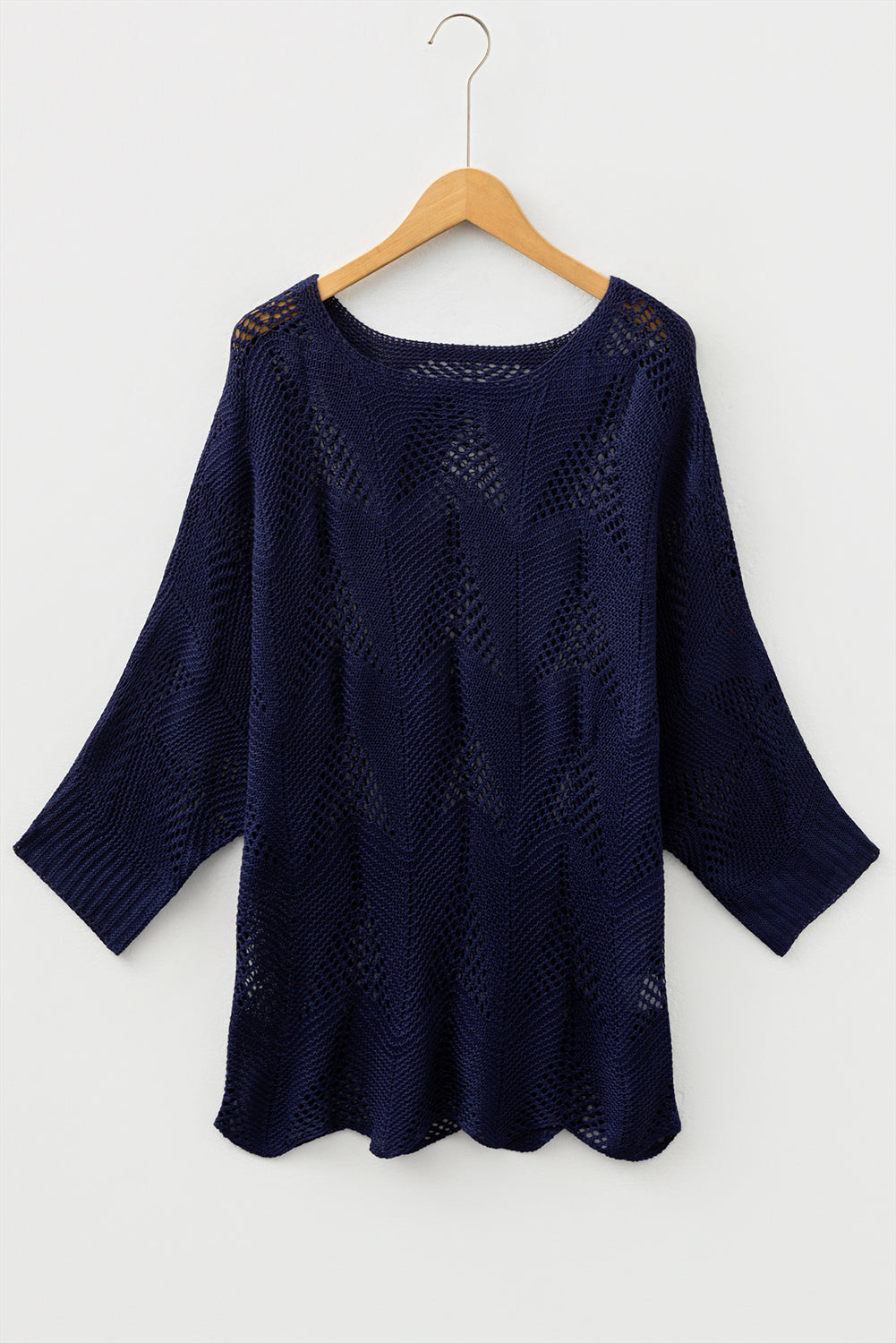 Navy blue hollow out knit casual sweater with 7/8 sleeves from Dear-Lover, made of 100% acrylic, featuring a stylish open-knit design.