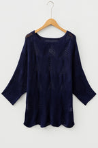 Navy blue hollow out knit casual sweater with 7/8 sleeves from Dear-Lover, made of 100% acrylic, featuring a stylish open-knit design.