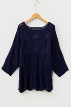 Navy blue hollow-out knit casual sweater with 7/8 sleeves by Dear-Lover, made from 100% acrylic, perfect for casual wear.