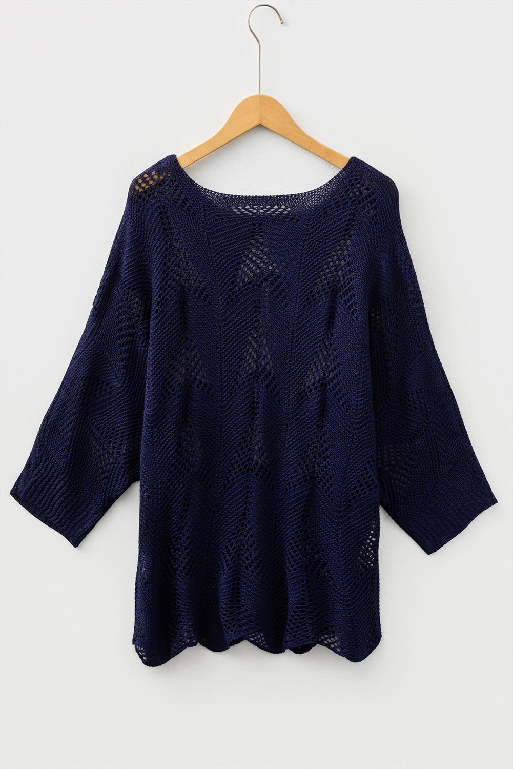 Navy blue hollow-out knit casual sweater with 7/8 sleeves by Dear-Lover, made from 100% acrylic, perfect for casual wear.