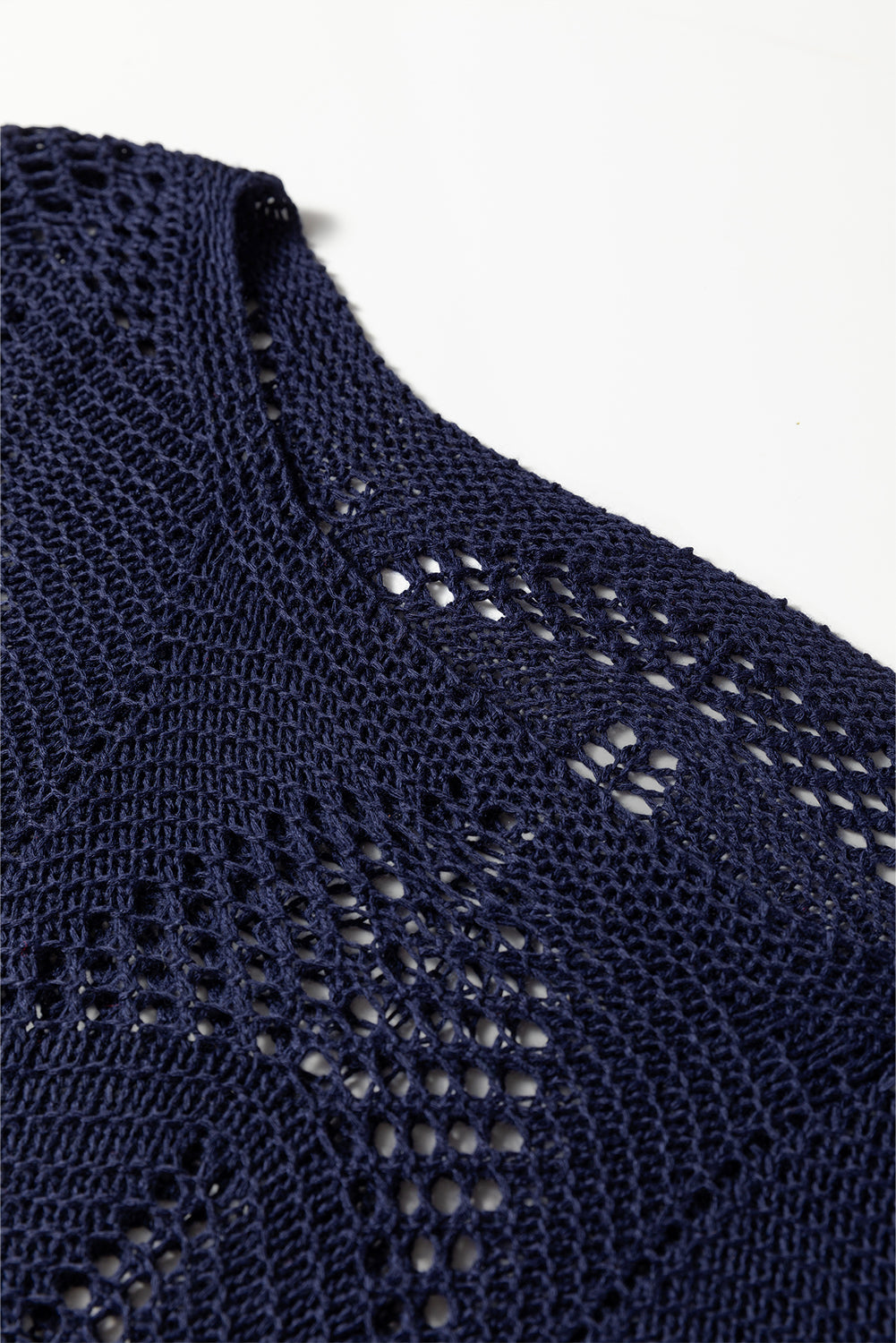 Navy blue hollow out knit 7/8 sleeve casual sweater by Dear-Lover, made of 100% acrylic, featuring a stylish, lightweight design.