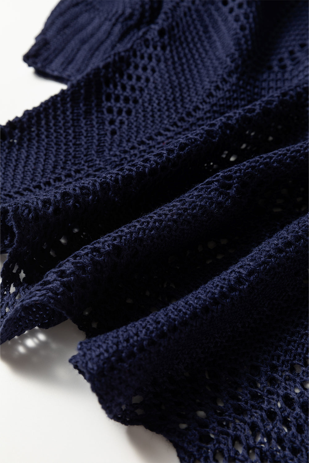 Navy blue hollow-out knit 7/8 sleeve casual sweater by Dear-Lover, made of lightweight acrylic, perfect for relaxed everyday wear.