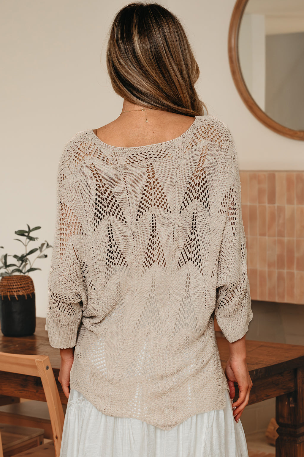 Navy blue Hollow Out Knit 7/8 Sleeve casual sweater by Dear-Lover, made of acrylic, featuring a stylish open-knit design.