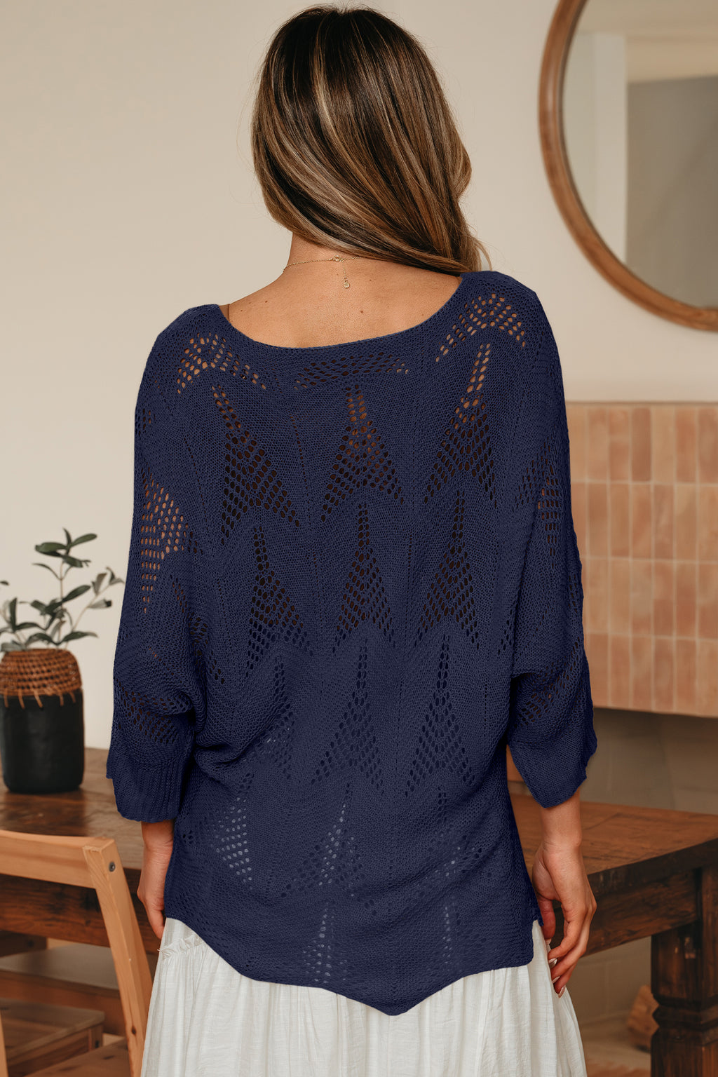 Navy blue hollow out knit 7/8 sleeve casual sweater by Dear-Lover, made of lightweight acrylic fabric, featuring a stylish, relaxed fit.