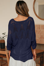 Navy blue hollow out knit 7/8 sleeve casual sweater by Dear-Lover, made of lightweight acrylic fabric, featuring a stylish, relaxed fit.