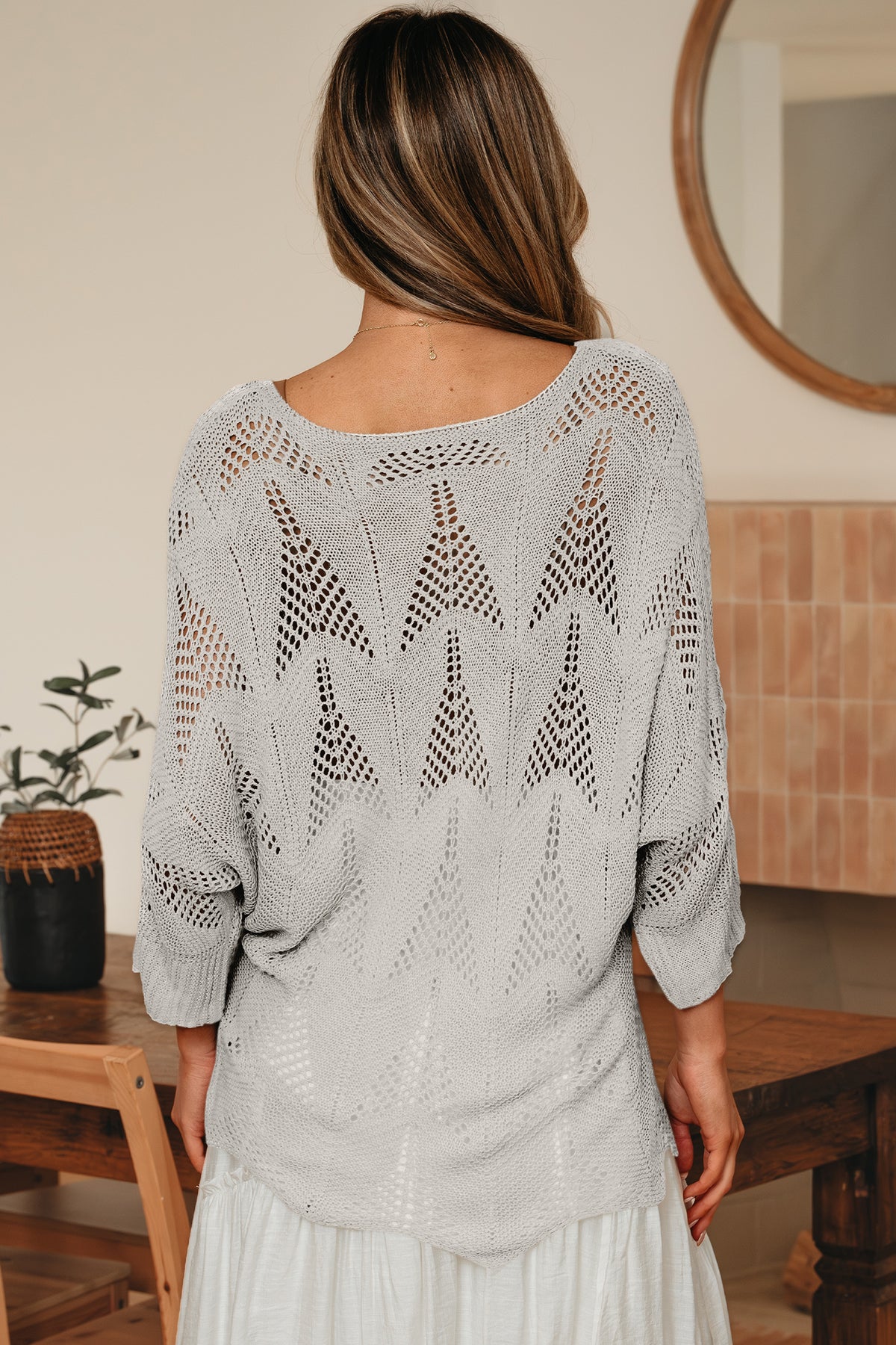 Navy blue Dear-Lover hollow-out knit 7/8 sleeve casual sweater, lightweight acrylic, stylish and comfortable for everyday wear.