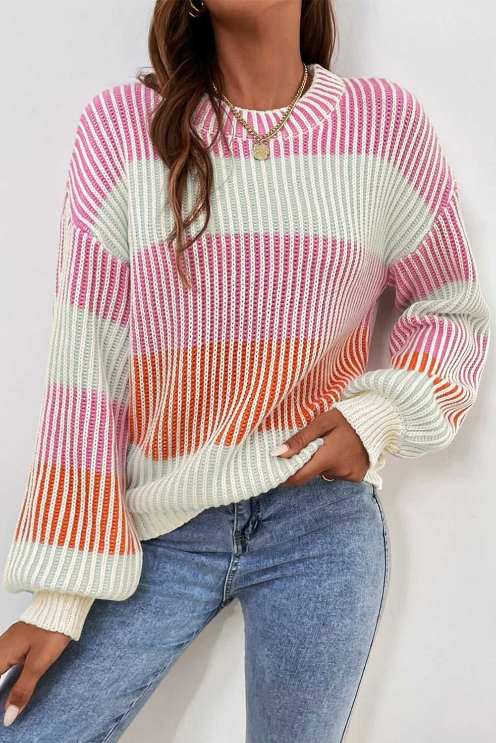 Pink colorblock textured knit sweater with bubble sleeves from Dear-Lover, featuring a cozy cotton-acrylic blend.