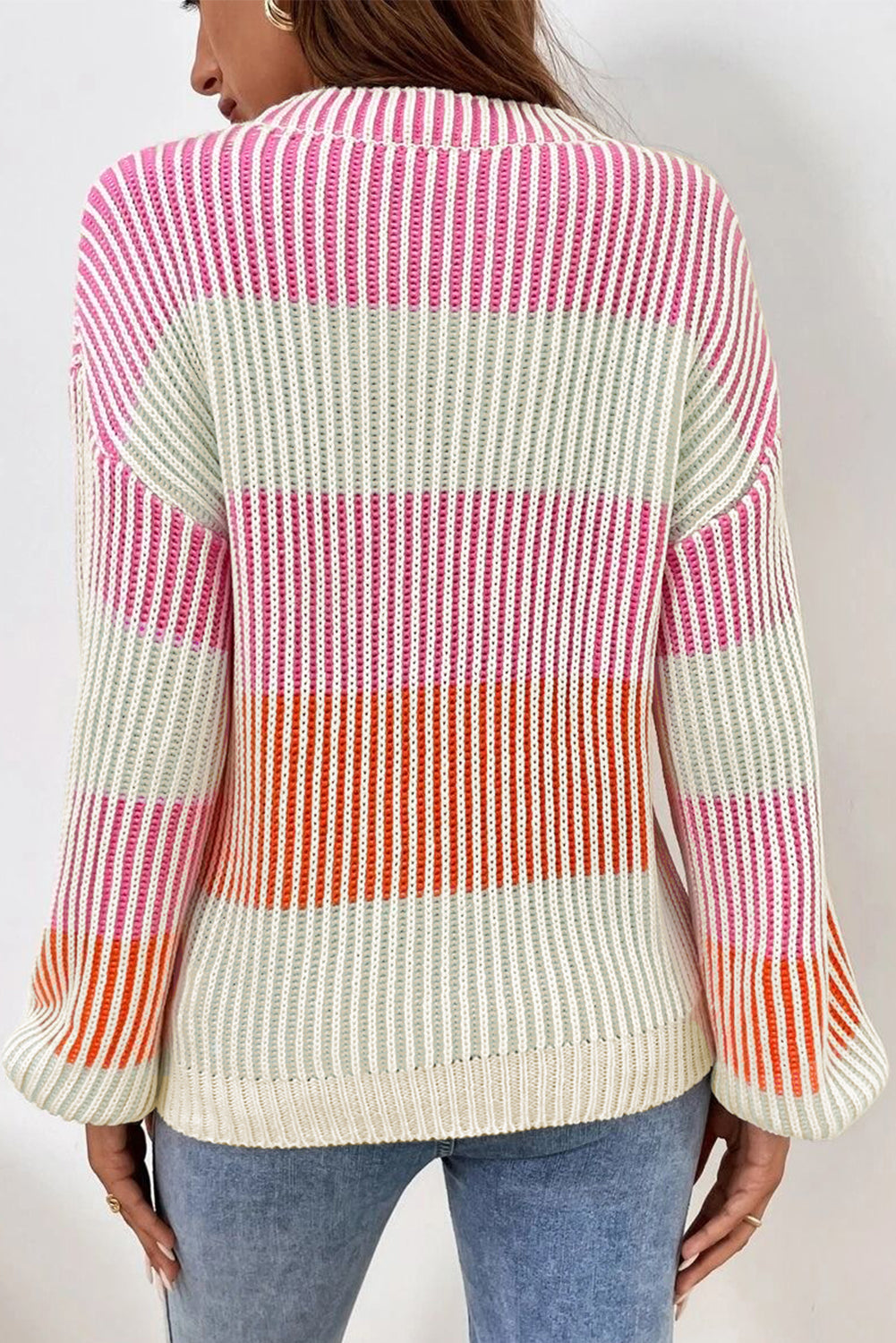 Pink colorblock textured knit sweater with bubble sleeves from Dear-Lover, made of cotton and acrylic, perfect for cozy casual wear.