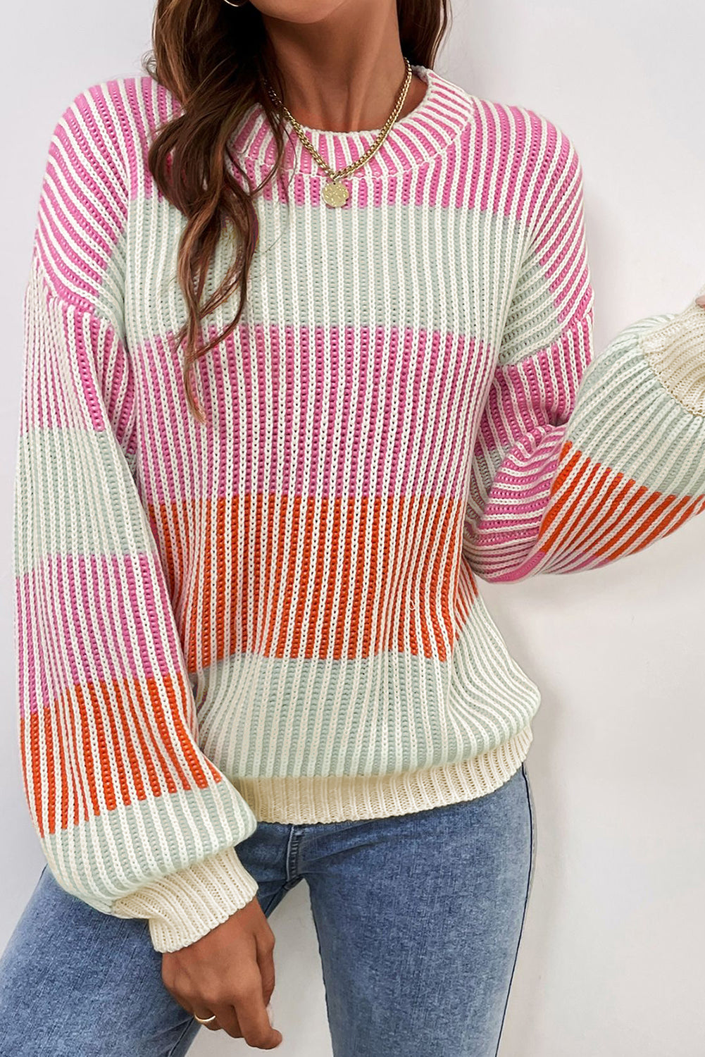 Pink colorblock textured knit sweater with bubble sleeves from Dear-Lover, featuring a cozy cotton-acrylic blend.