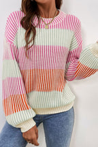 Pink colorblock textured knit sweater with bubble sleeves from Dear-Lover, featuring a cozy cotton-acrylic blend.