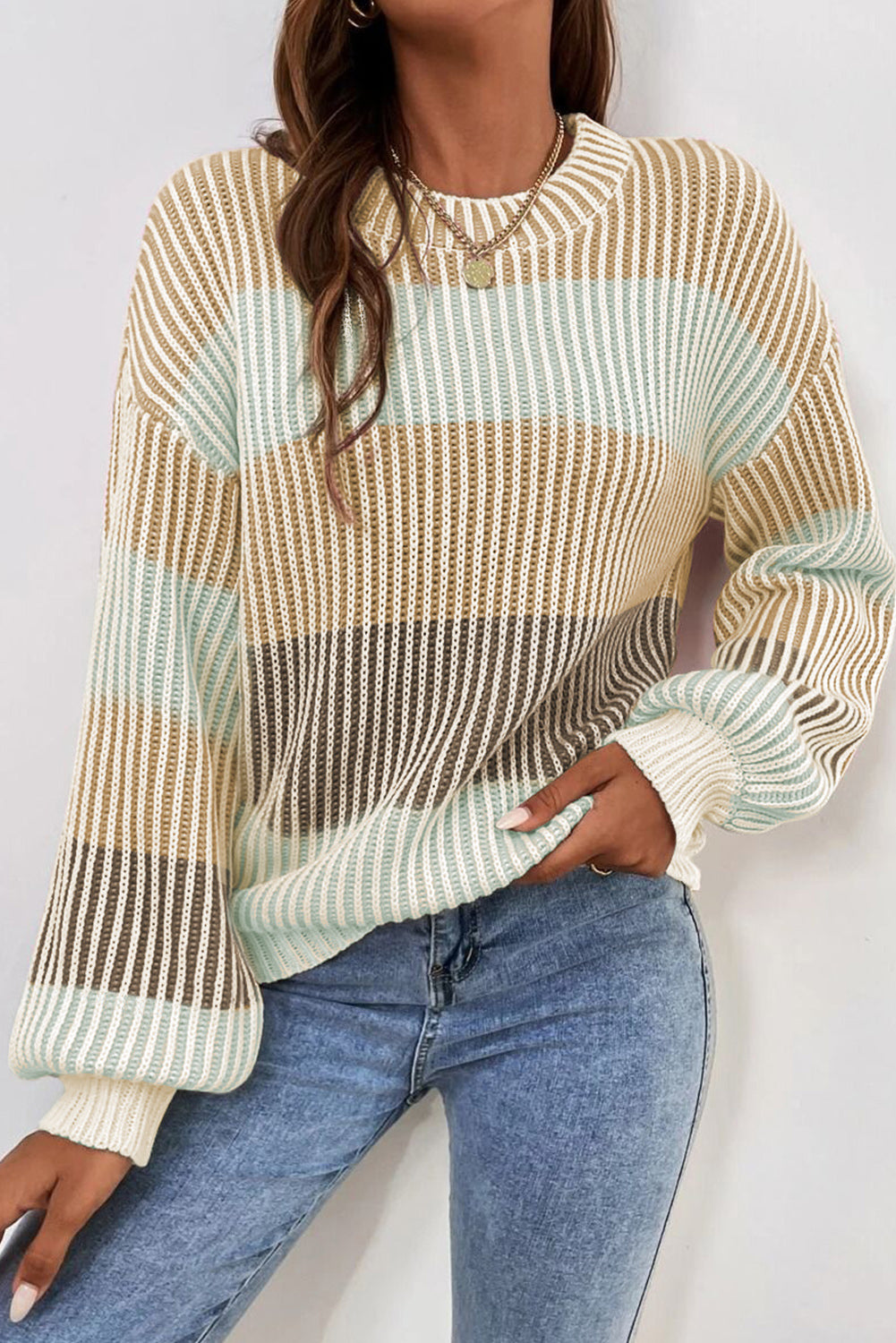 Pink colorblock textured knit sweater with bubble sleeves from Dear-Lover, featuring a cozy cotton-acrylic blend.