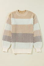 Pink colorblock textured knit sweater with bubble sleeves from Dear-Lover, featuring a cozy cotton-acrylic blend.