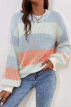 Pink colorblock textured knit sweater with bubble sleeves, from Dear-Lover, featuring a cozy cotton-acrylic blend.