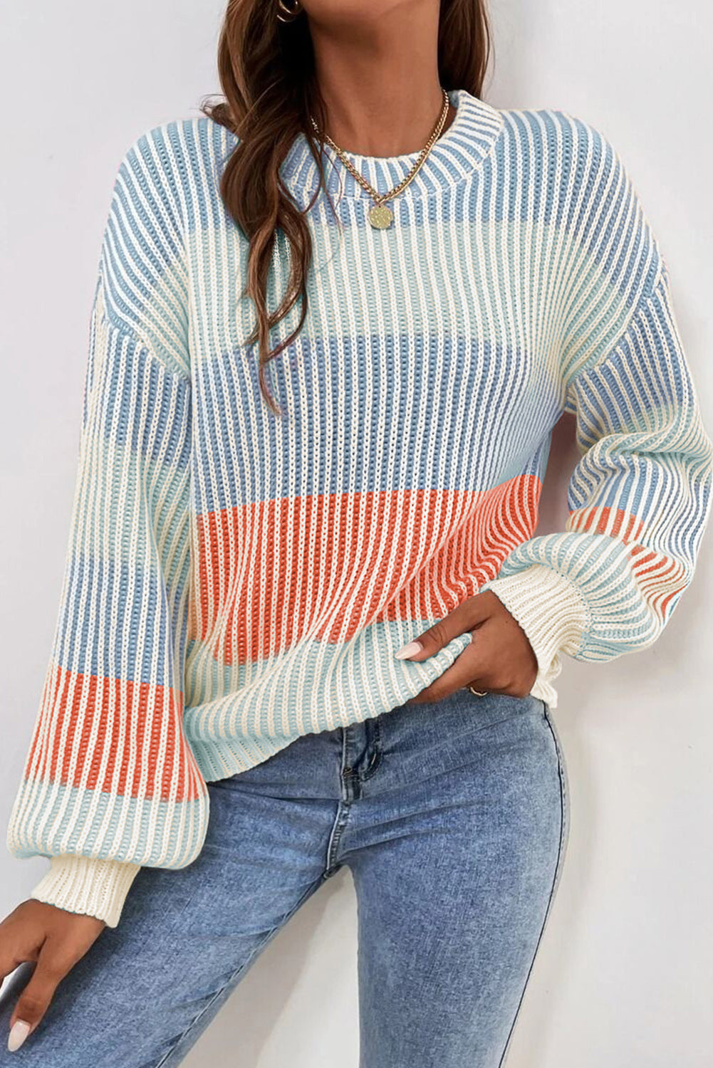 Pink colorblock textured knit sweater with bubble sleeves, from Dear-Lover, featuring a cozy cotton-acrylic blend.