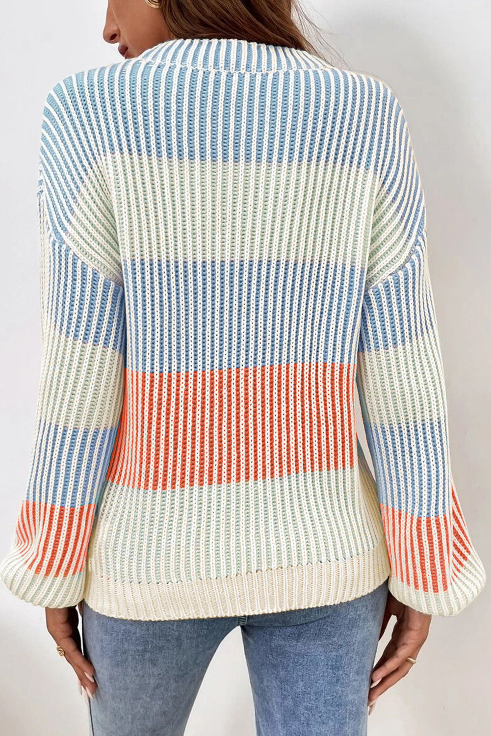 Pink colorblock textured knit sweater with bubble sleeves from Dear-Lover, featuring a cozy cotton and acrylic blend.