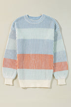 Pink colorblock textured knit sweater with bubble sleeves from Dear-Lover, featuring a cozy cotton-acrylic blend.