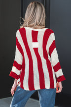 Red stripe colorblock V-neck sweater with bracelet sleeves from Dear-Lover, made of soft acrylic, perfect for casual wear.