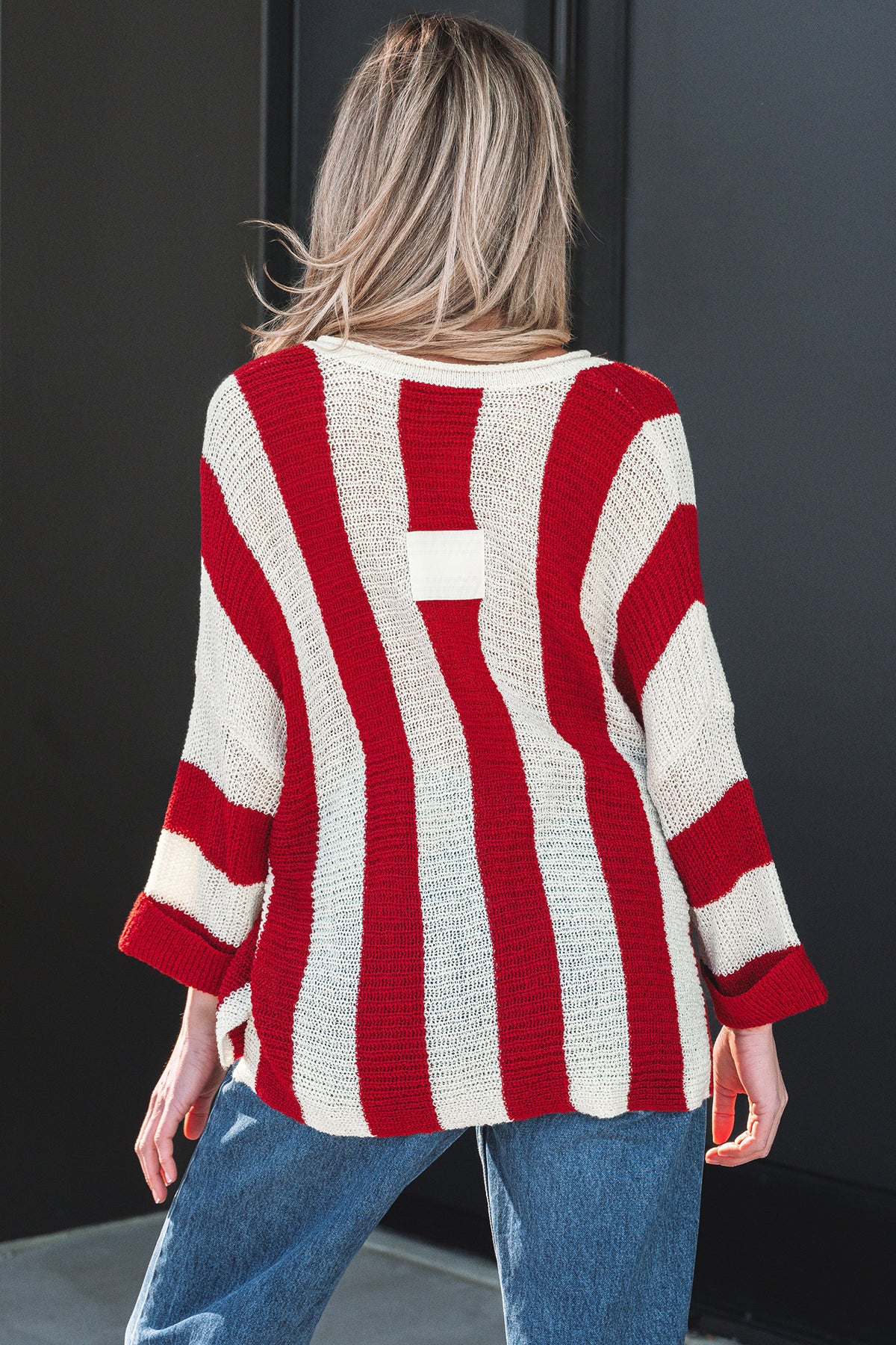 Red stripe colorblock V-neck sweater with bracelet sleeves from Dear-Lover, made of soft acrylic, perfect for casual wear.