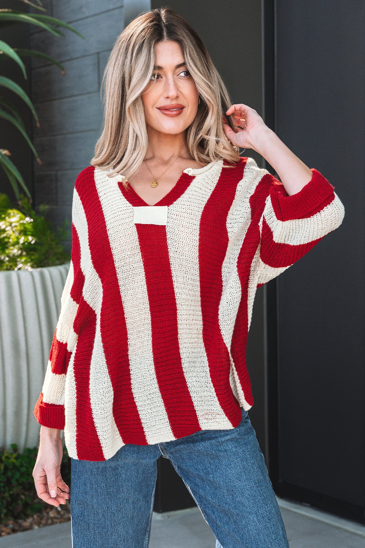 Red stripe colorblock V-neck sweater with bracelet sleeves from Dear-Lover, made of 100% acrylic, casual and stylish for women.