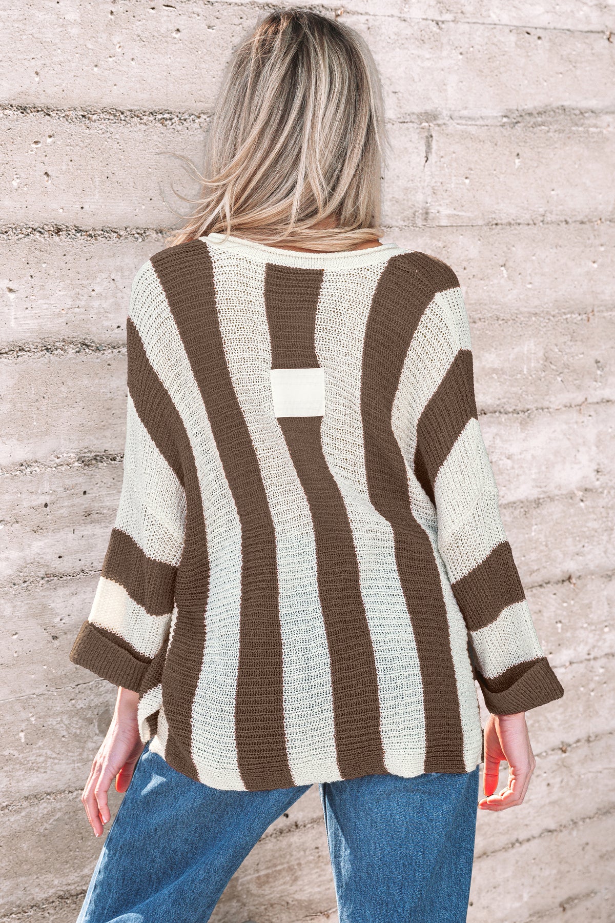 Red stripe colorblock V-neck sweater with bracelet sleeves by Dear-Lover, made of 100% acrylic, casual and stylish for women.