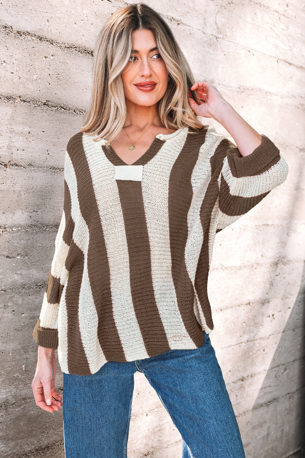 Red stripe colorblock V-neck sweater with bracelet sleeves from Dear-Lover, made of 100% acrylic, casual knit for women.