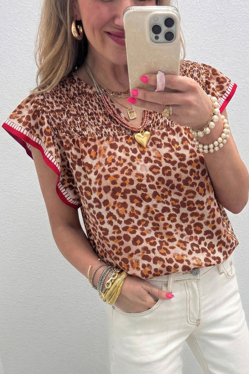 Apricot leopard blouse with contrast trim and ruffled short sleeves, stylish blouse from Dear-Lover Dropshipping in soft viscose.