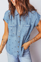 Beau Blue Star print denim shirt by Dear-Lover with double chest pockets, short sleeves, 95% cotton, 5% elastane, casual top.