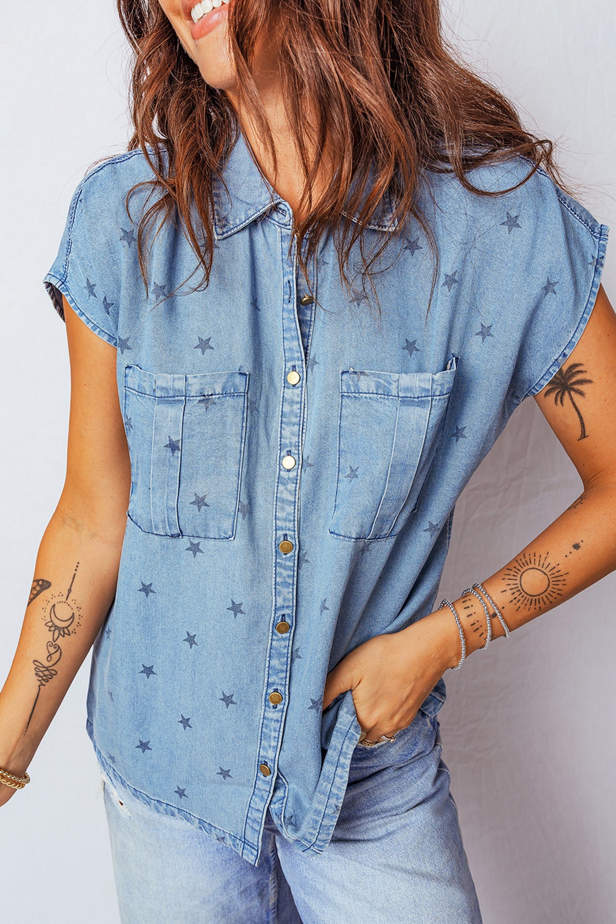 Beau Blue Star print denim shirt by Dear-Lover with double chest pockets, short sleeves, 95% cotton, 5% elastane, casual top.