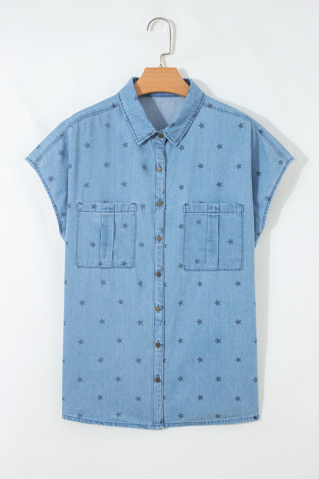 Beau Blue Star print denim shirt by Dear-Lover with double chest pockets, short sleeves, 95% cotton, 5% elastane, casual style.