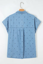 Beau Blue Star allover print denim shirt by Dear-Lover Dropshipping featuring double chest pockets and short sleeves.