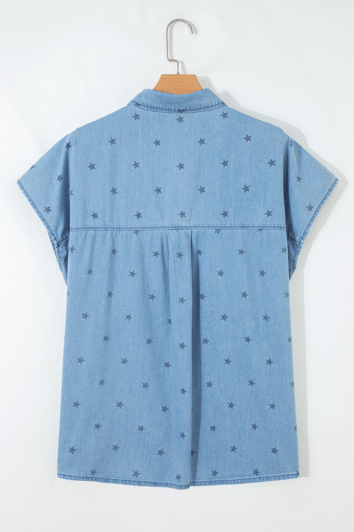 Beau Blue Star allover print denim shirt by Dear-Lover Dropshipping featuring double chest pockets and short sleeves.