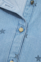 Dear-Lover denim shirt with blue star print, short sleeves, double chest pockets, made from 95% cotton and 5% elastane.