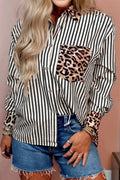 Black striped leopard print patchwork button-up women's shirt by Dear-Lover, featuring a stylish mix of patterns and polyester fabric.