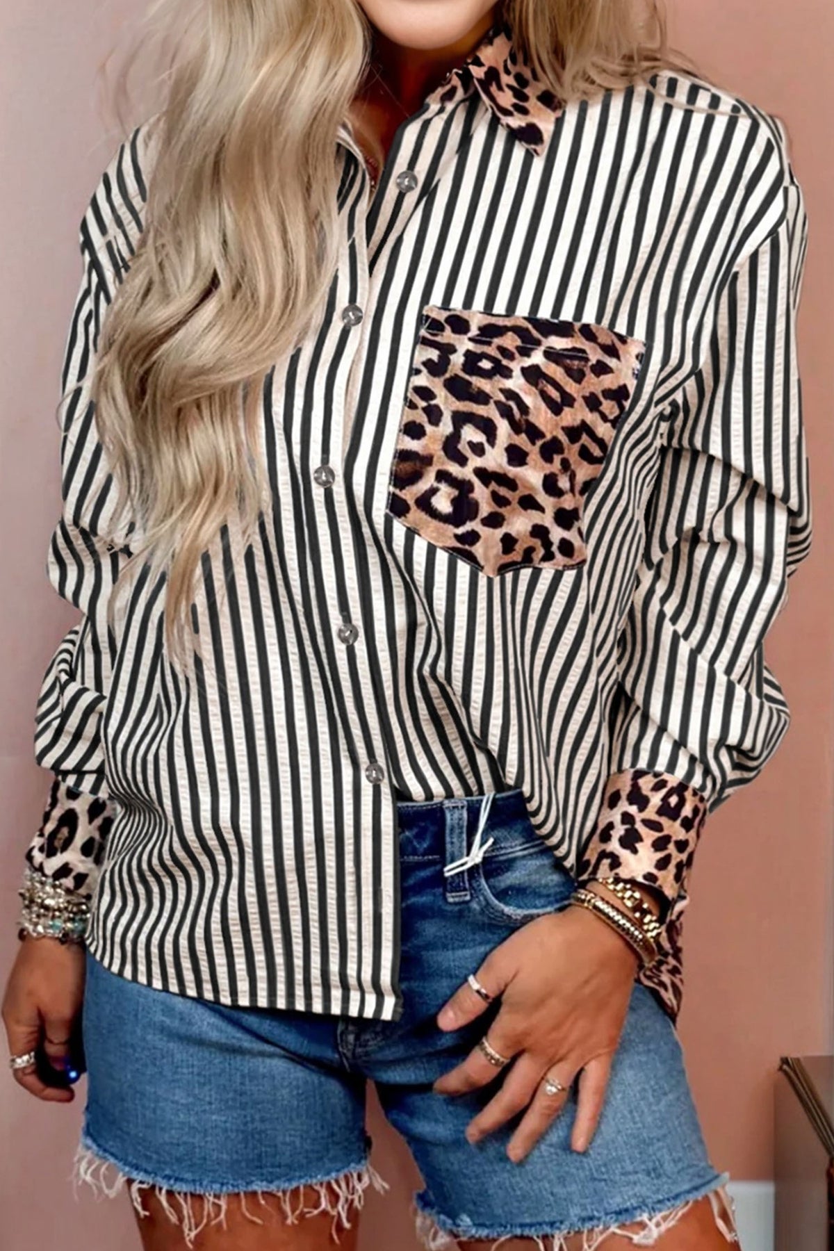 Black striped leopard print patchwork button-up women's shirt by Dear-Lover, featuring a stylish mix of patterns and polyester fabric.