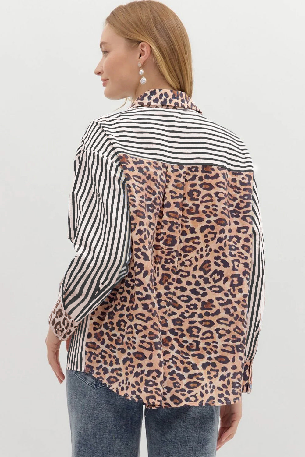 Black striped leopard print patchwork button-up women's shirt by Dear-Lover, featuring long sleeves and stylish design.