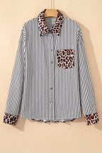 Black striped leopard print patchwork button-up women's shirt by Dear-Lover, featuring long sleeves and stylish design.