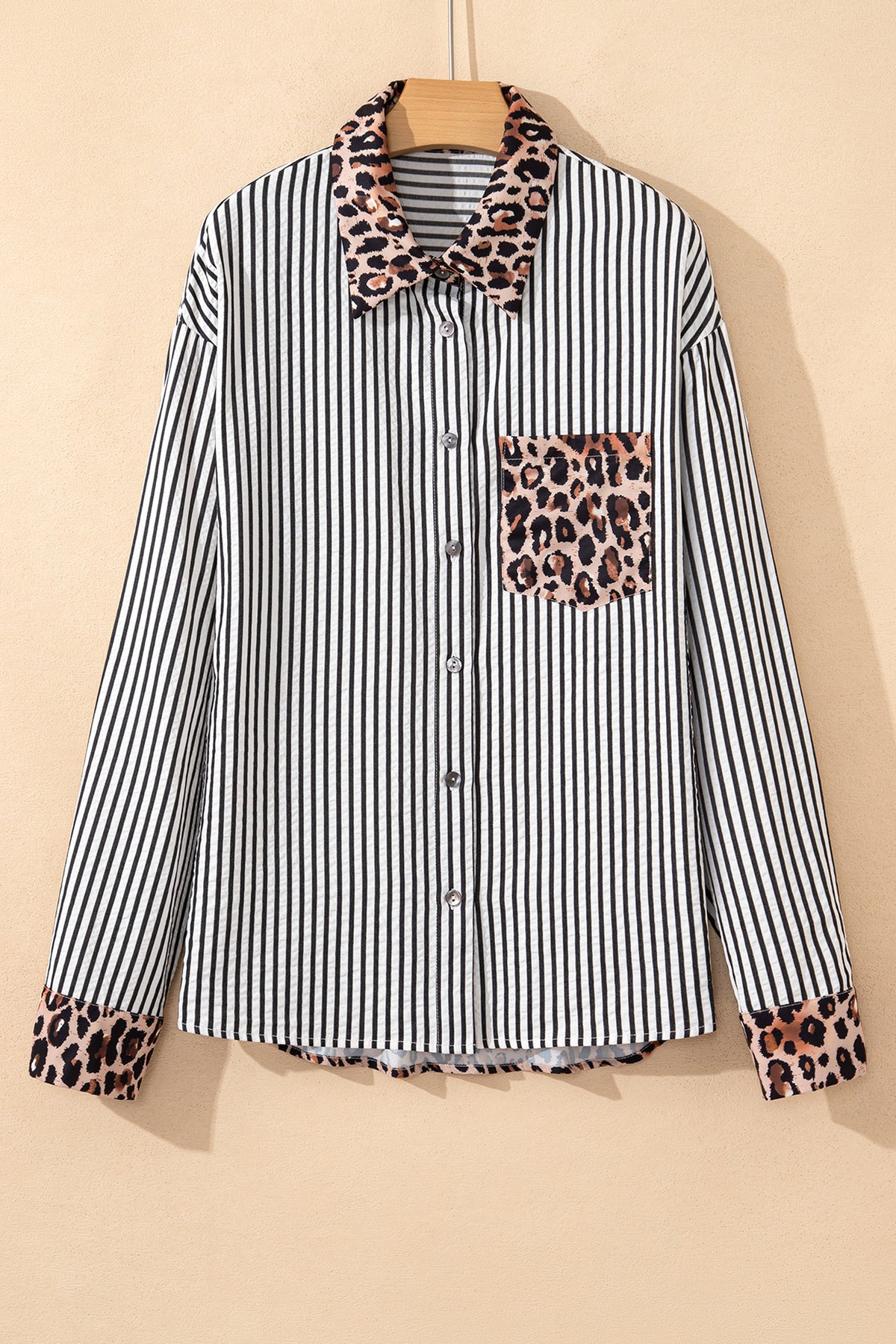 Black striped leopard print patchwork button-up women's shirt by Dear-Lover, featuring long sleeves and stylish design.