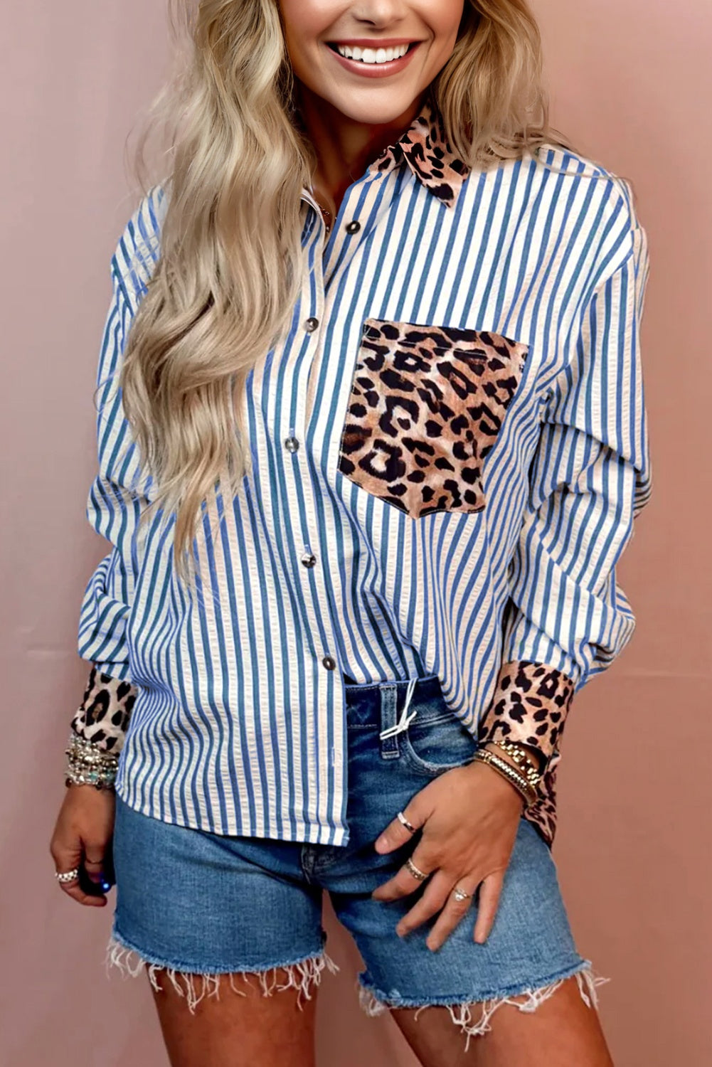 Black striped leopard print patchwork button-up women's shirt by Dear-Lover, featuring long sleeves and a stylish casual design.