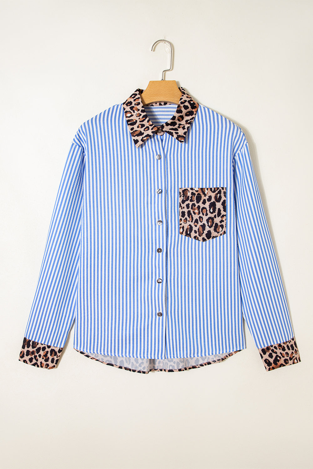 Black striped leopard print patchwork button-up women's shirt by Dear-Lover, featuring a stylish mix of patterns and classic fit.