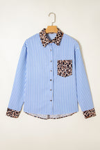 Black striped leopard print patchwork button-up women's shirt by Dear-Lover, featuring a stylish mix of patterns and classic fit.