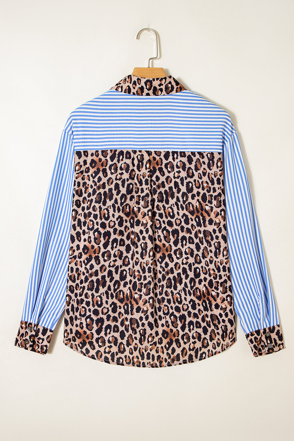 Black striped leopard print patchwork button-up women's shirt from Dear-Lover, featuring long sleeves and a stylish design.