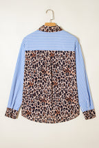 Black striped leopard print patchwork button-up women's shirt from Dear-Lover, featuring long sleeves and a stylish design.