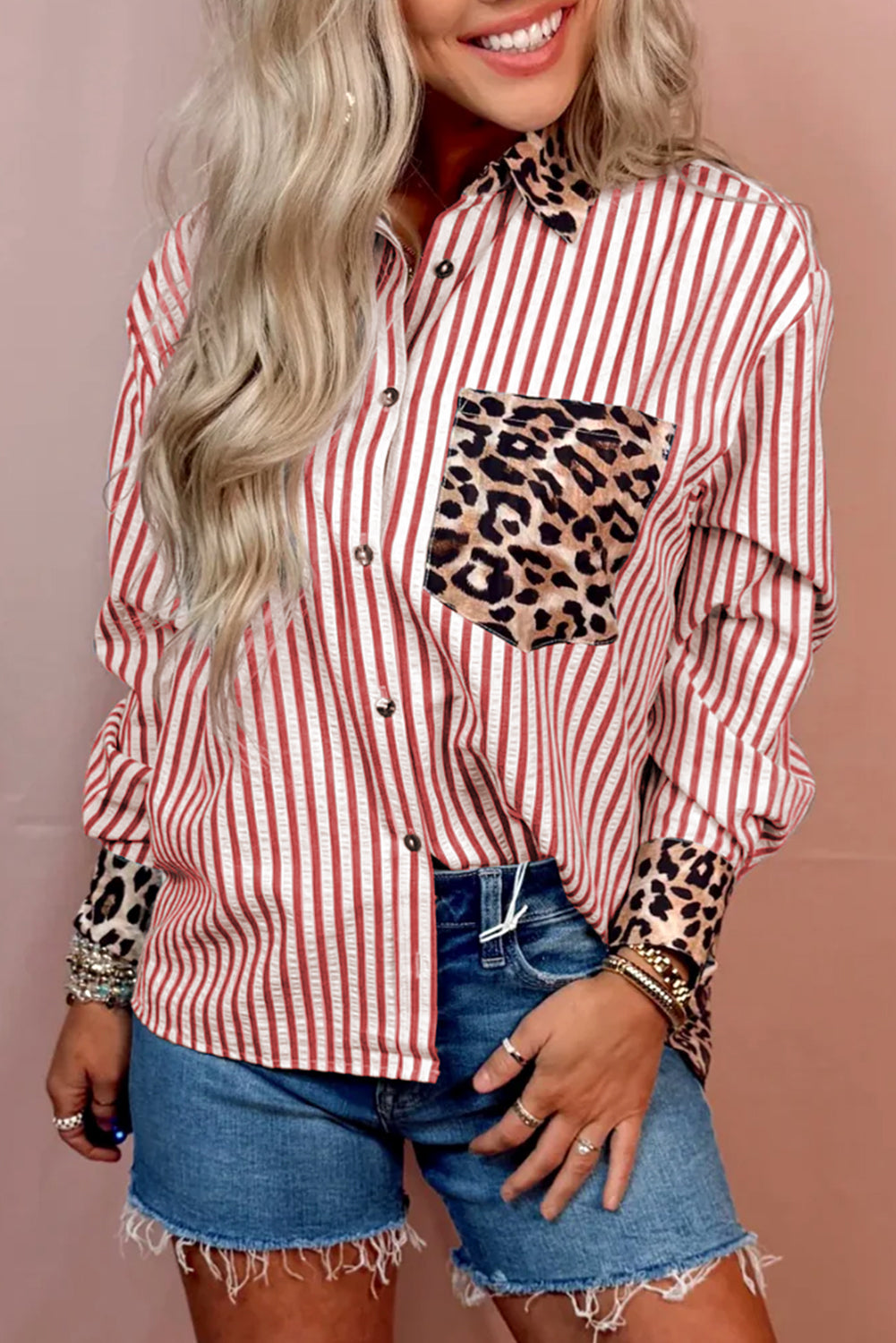 Black striped leopard print patchwork button-up women's shirt from Dear-Lover, featuring a stylish design and lightweight polyester fabric.