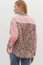 Black striped leopard print patchwork button-up women's shirt from Dear-Lover, featuring long sleeves and a stylish, casual design.