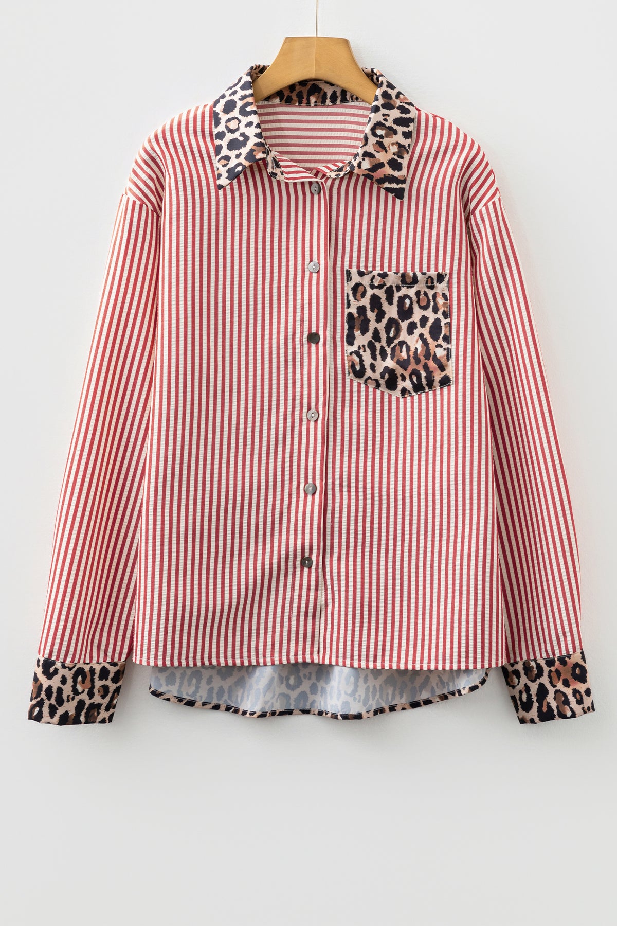 Black striped leopard print patchwork women's button-up shirt from Dear-Lover, featuring long sleeves and a stylish casual design.