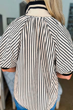 Black stripe polo collar blouse by Dear-Lover with half-zip, short puff sleeves, made of polyester and viscose fabric.