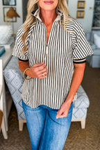 Black stripe polo collar blouse by Dear-Lover, short puff sleeves, half-zip, stylish tops for women.