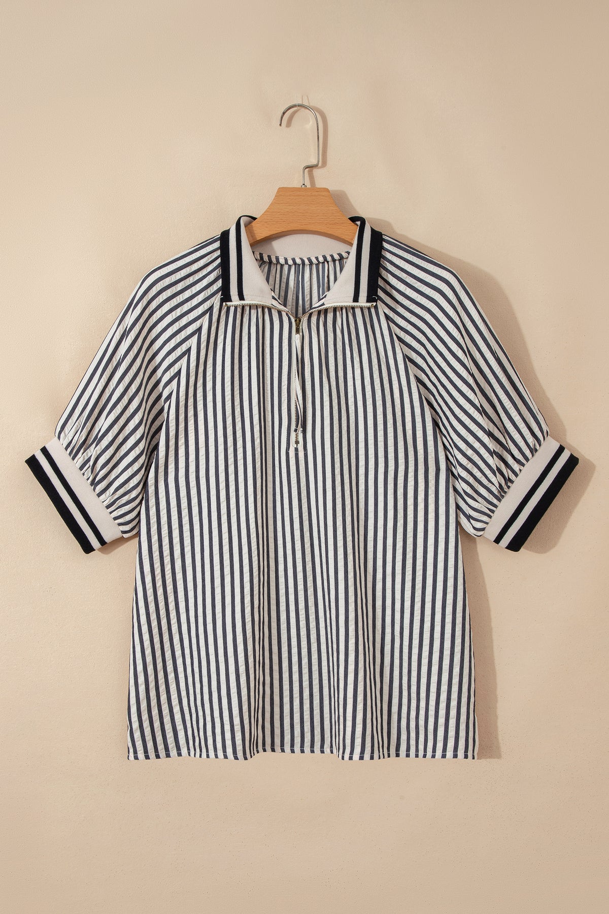 Black stripe polo collar blouse with half-zip, short puff sleeves, made of polyester and viscose, by Dear-Lover Dropshipping.